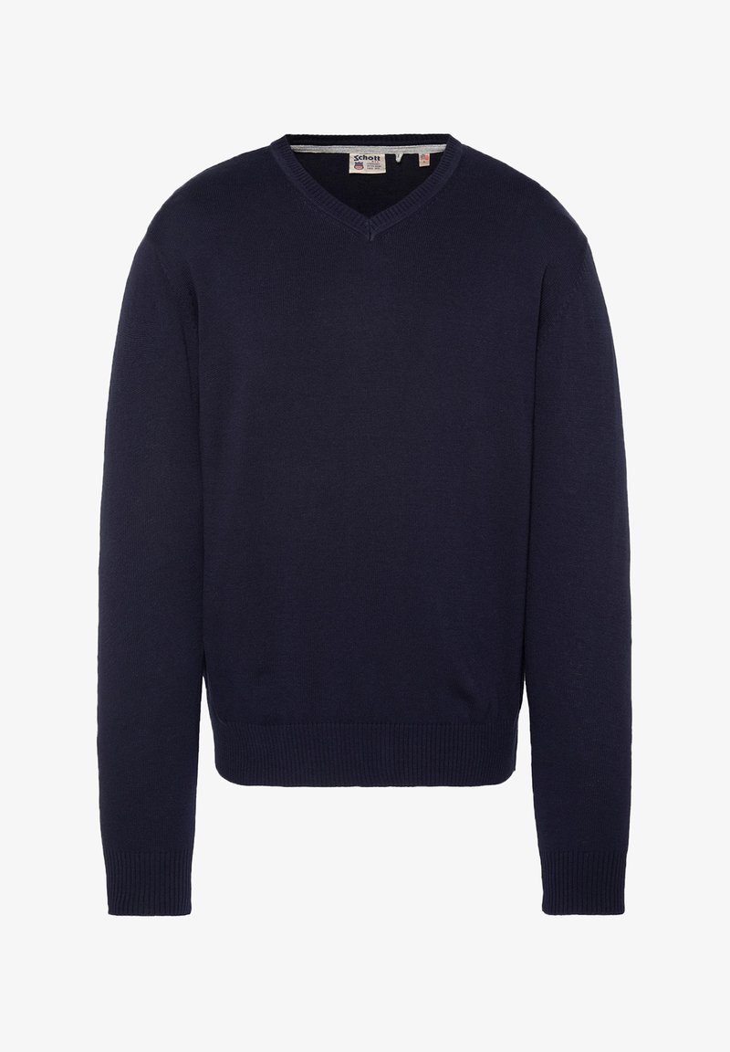 Pull col en V bleu marine à manches longues, avec poignets et ourlet côtelés, présenté à plat sans motifs ni dessins visibles.