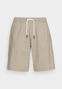 Beige casual shorts met een elastische tailleband en witte trekband, voorzakken en een losse pasvorm tot de knieën.