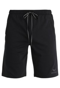 Shorts noirs en tissu lisse, dotés d'une taille élastique avec cordon de serrage, de poches latérales et d'un petit logo sur la jambe inférieure.