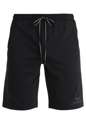 Zwarte shorts van gladde stof, met een elastische tailleband met een koord, zijzakken en een klein logo op het onderbeen.