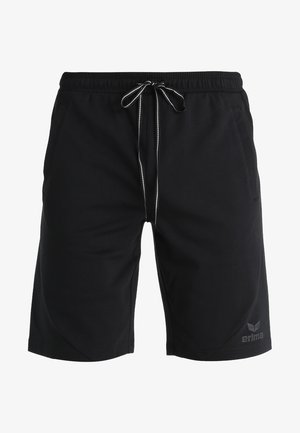 Zwarte shorts van gladde stof, met een elastische tailleband met een koord, zijzakken en een klein logo op het onderbeen.