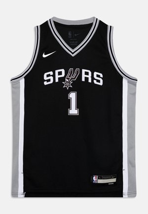 Canotta da basket nera con la scritta "SPURS" in carattere bianco, numero "1" in grigio, con dettagli grigi e logo Nike; realizzata in materiale a rete traspirante.