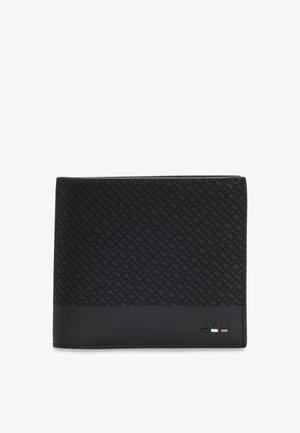 Portefeuille noir bifold avec motif géométrique texturé sur la partie supérieure et fond en cuir lisse, avec petit logo "BOSS" embossé.