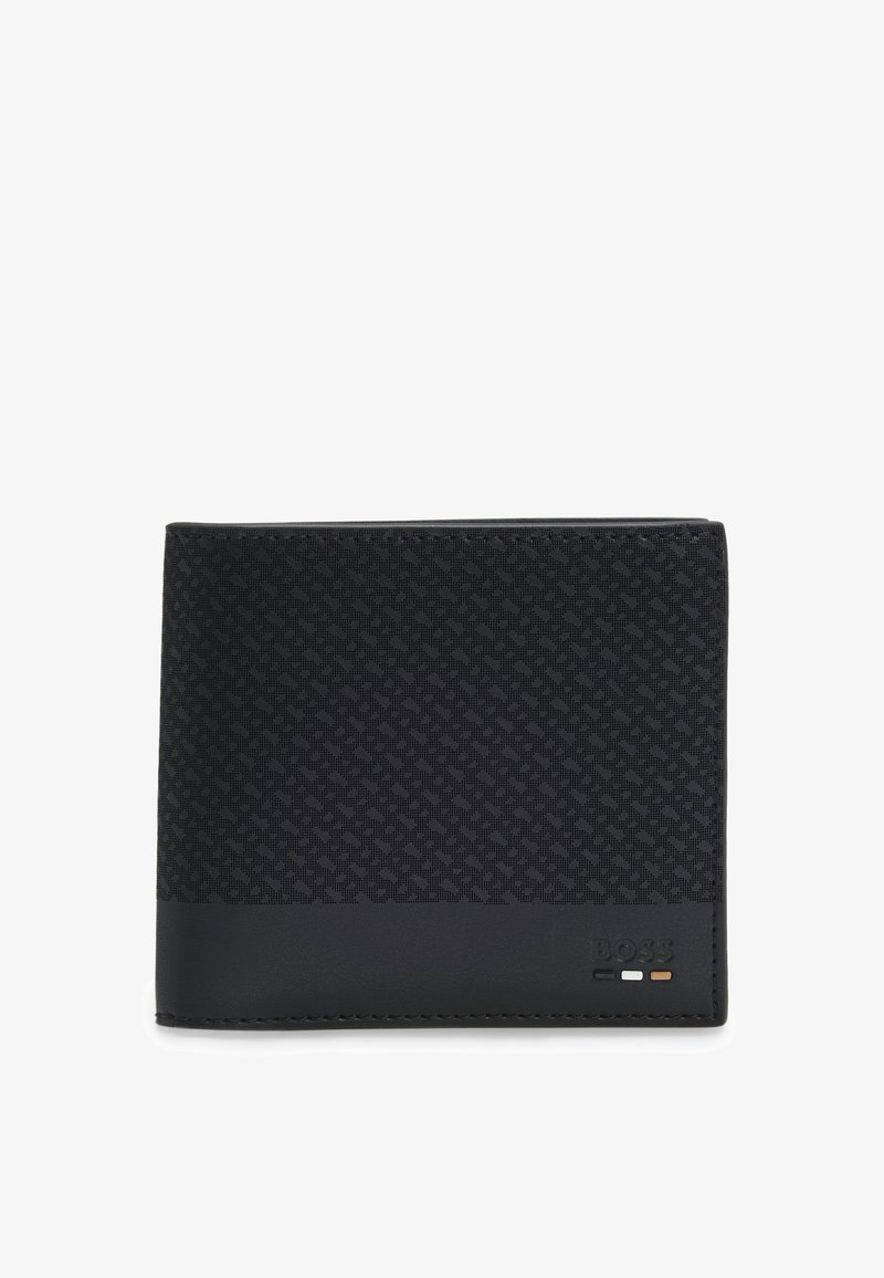 Portefeuille noir bifold avec motif géométrique texturé sur la partie supérieure et fond en cuir lisse, avec petit logo "BOSS" embossé.