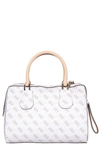 Hvid håndtaske med monogrammønster i lysebrun, der har lynlåslukning, cremefarvede greb og to sidelommer.
