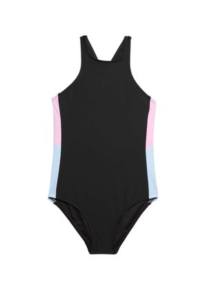 Czarny jednoczęściowy strój kąpielowy z różowymi i jasno-niebieskimi panelami bocznymi oraz fasonem racerback.