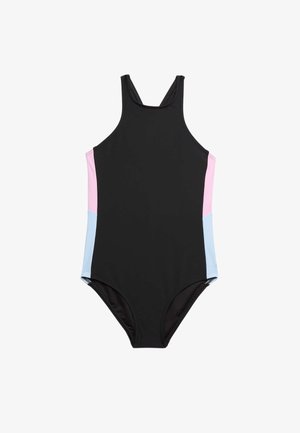 Schwarzer Einteiler-Badeanzug mit rosa und hellblauen Seitenpanelen und Racerback-Design.