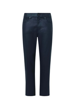 Navy blue cropped pants with a smooth texture, featuring a front button closure and classic five-pocket design.