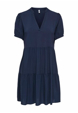 Tumesinist kihilist kleiti lühikeste läikivate varrukatega ja V-kaelusega valgel taustal.