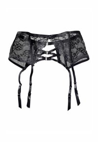 Cinturilla de encaje negra con un patrón en forma de onda, tirantes ajustables de satén y un cierre de gancho y ojo en la parte posterior.