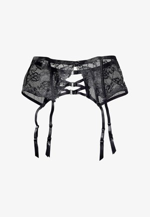 Schwarzer Spitzenstrumpfhalter mit einem gewellten Muster, verstellbaren Satinbändern und einem Haken- und Ösenverschluss auf der Rückseite.