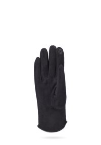 Guanti neri realizzati in materiale morbido, con cinque dita separate e una texture liscia, dotati di un polsino arrotondato sul polso.