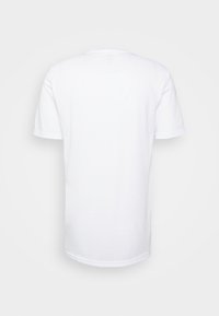 White cotton t-shirt with a round neckline and short sleeves, featuring a smooth texture and simple, clean design. Back view shown.