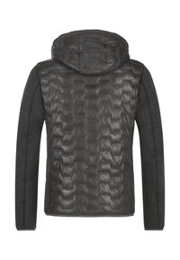 Dunkelgraue Jacke mit einer gepolsterten, gesteppten Textur im oberen Bereich, glattem Stoff an den Ärmeln und einer Kapuze für zusätzlichen Wärme.