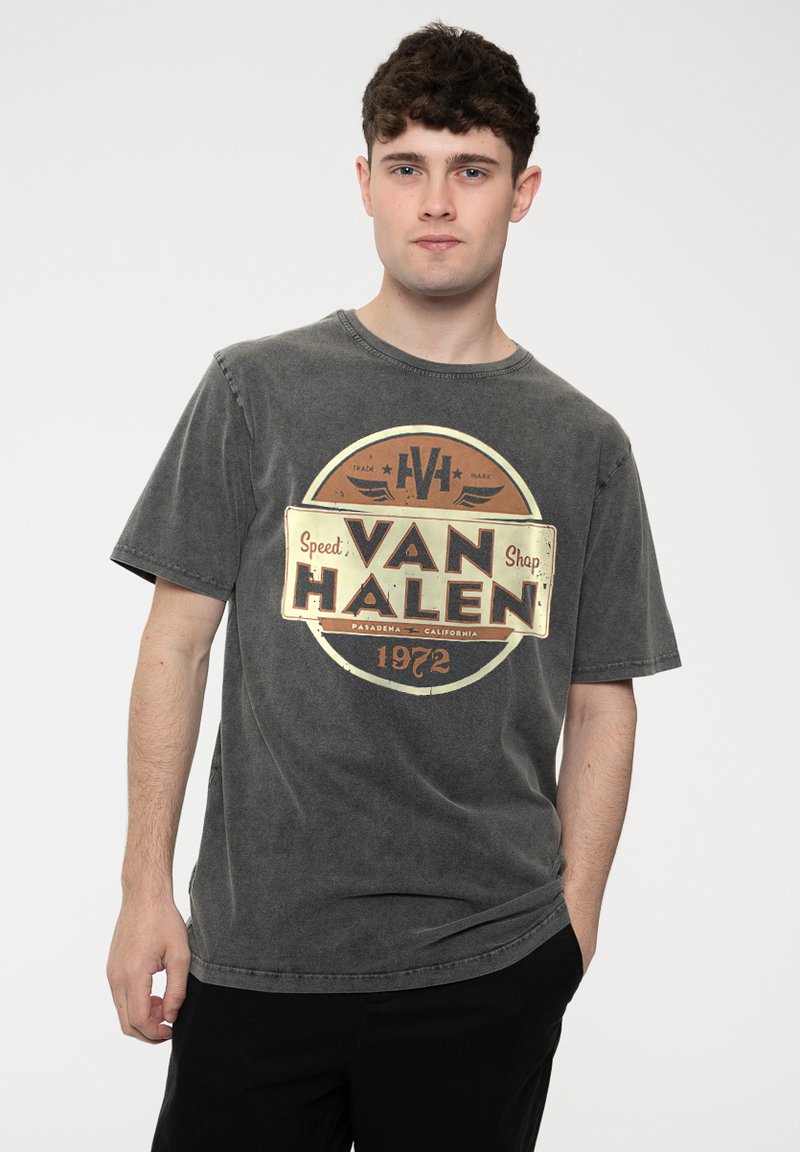 Gray cotton t-shirt featuring a circular, distressed graphic with “VAN HALEN” in bold letters, set against a lighter background.
