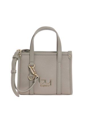 Borsa a mano in pelle grigia con un design strutturato, manici superiori e tracolla removibile. Presenta hardware color oro e dettaglio del logo.