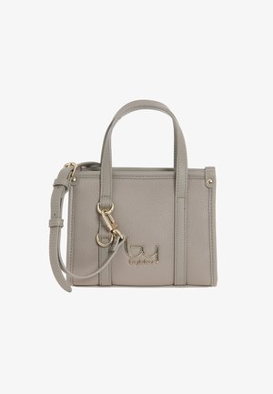 Borsa a mano in pelle grigia con un design strutturato, manici superiori e tracolla removibile. Presenta hardware color oro e dettaglio del logo.