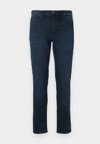 Dark blue denim jeans with a classic five-pocket design, straight leg cut, and a button closure at the waist. Soft texture, minimal fading.