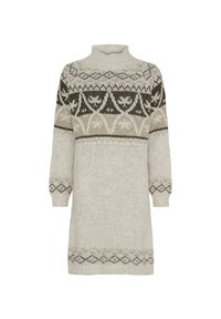Strik sweaterkjole i lys beige med mørkegrønne og brune mønstrede detaljer. Har høj hals og ribbede manchetter.