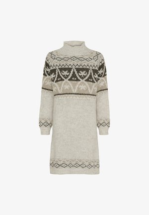 Strik sweaterkjole i lys beige med mørkegrønne og brune mønstrede detaljer. Har høj hals og ribbede manchetter.