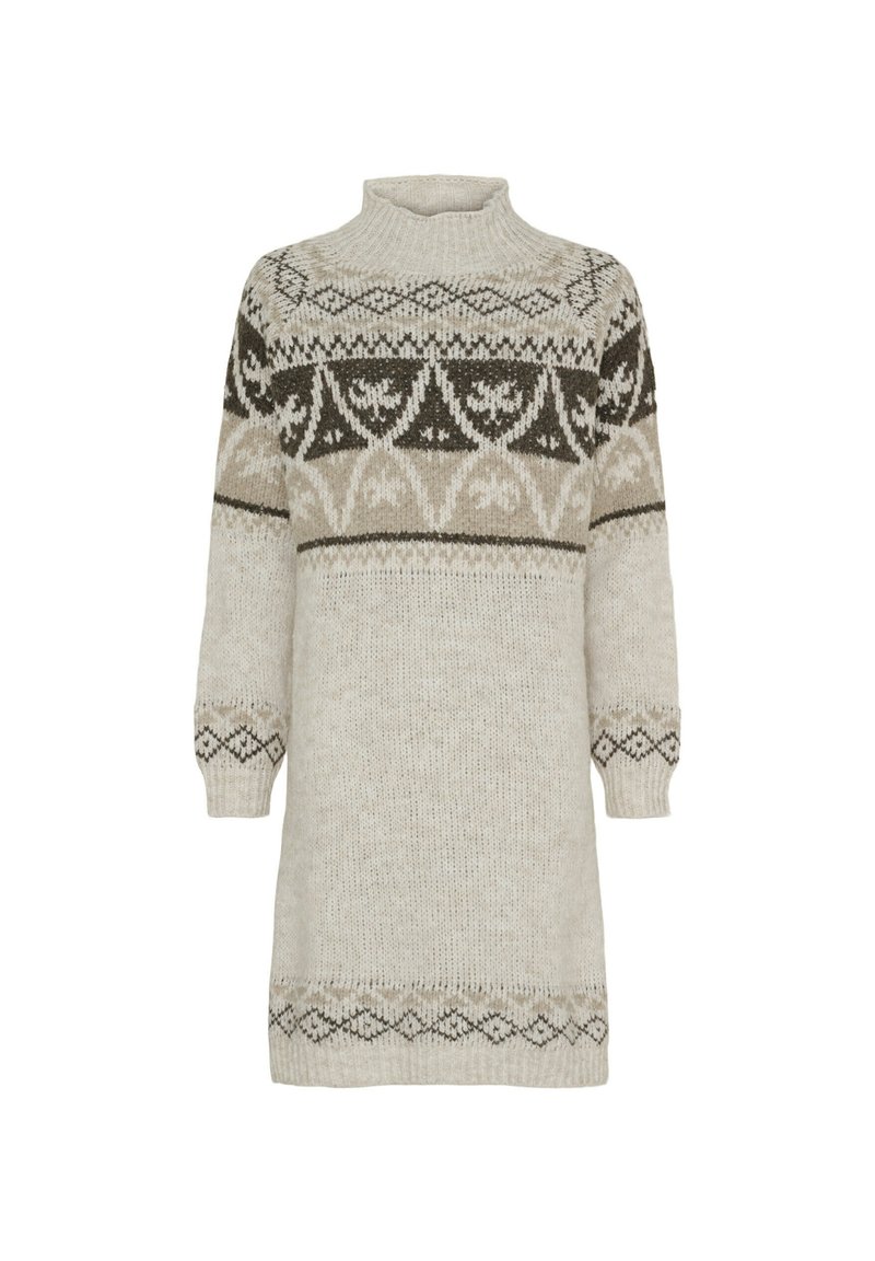Strik sweaterkjole i lys beige med mørkegrønne og brune mønstrede detaljer. Har høj hals og ribbede manchetter.