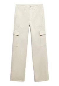 Beige cargo pants with straight legs, two front pockets, two side flap pockets, belt loops, and a button closure.