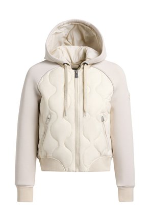 Beige hættejakke med quiltet front, lynlås, snøre i hætten, lynlåslommer i siderne og ribstrikkede manchetter og kant.