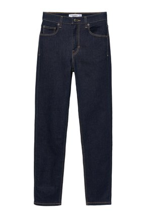 Mørkeblå denim jeans med høj talje, knap- og lynlåslukning, for- og baglommer samt kontrasterende orange syninger.