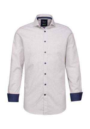 Camicia bianca con accenti blu navy e micro motivo. Presenta un colletto a punta, maniche lunghe e bottoni scuri. Texture del tessuto liscia.