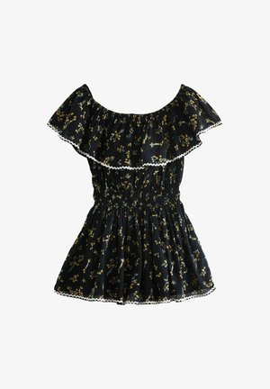 Czarna sukienka odsłaniająca ramiona, w kwiatowy wzór, z marszczonym dekoltem, żółtym nadrukiem kwiatów, elastyczną talią i białą falistą lamówką na brzegach.