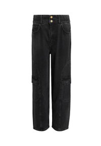 Pantaloni cargo in denim nero con vita elastica, due tasche frontali e tasche laterali. Presentano dettagli con bottoni dorati e una vestibilità ampia.