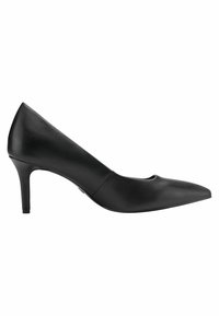 Black leather high-heeled pump with a pointed toe. Smooth texture, mid-height heel, minimal design with a cutout detail near the toe area.