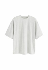 Tricou gri deschis, cu mânecă scurtă, guler rotund, cu o croială lejeră, expus pe un fundal alb.