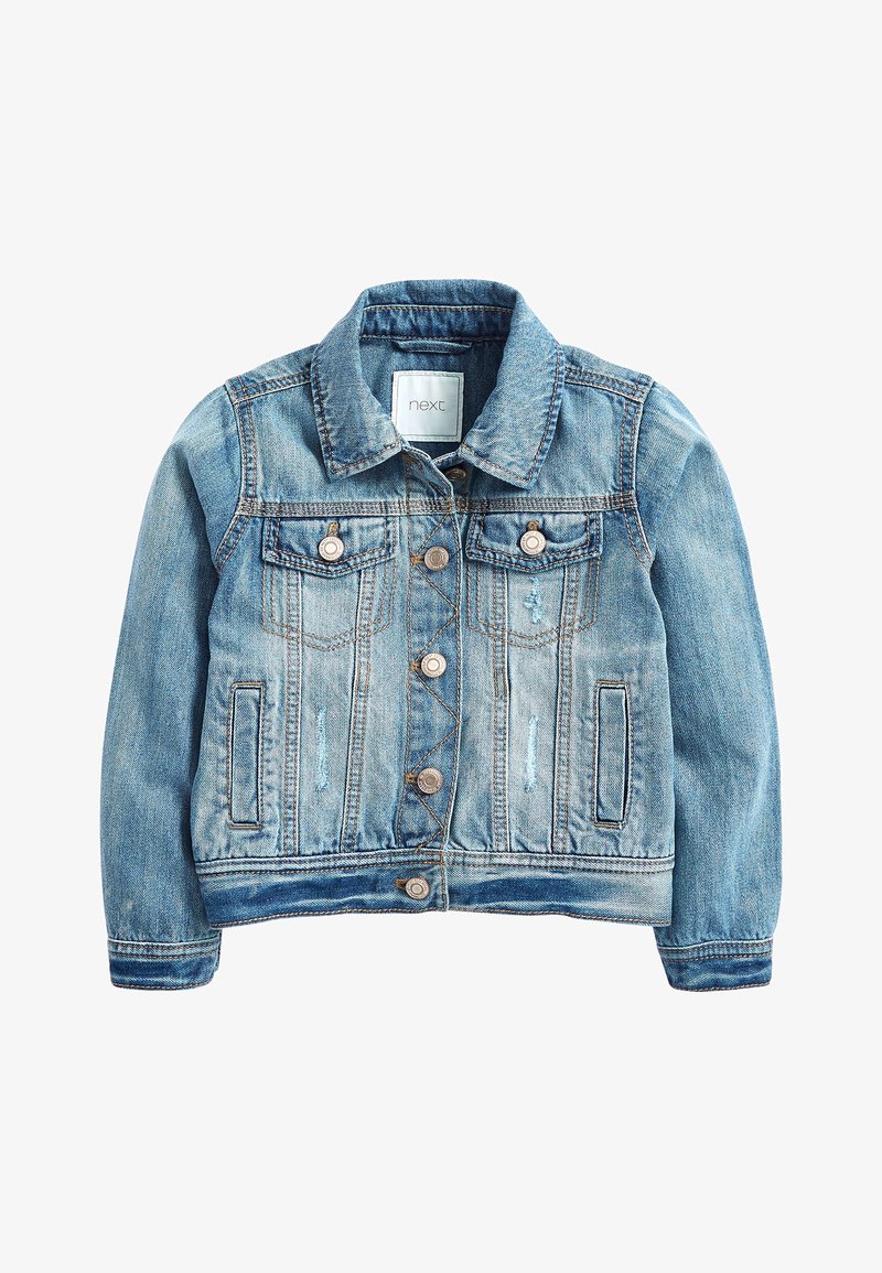 Lyseblå denimjakke med knaplukning foran, brystlommer med klap, sidelommer, krave og falmet detalje. Mærket lyder next.