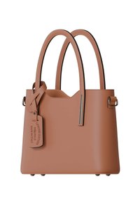 Brown leather handbag with dual handles, flat base, silver hardware accents, and a tag indicating genuine leather, made in Italy.