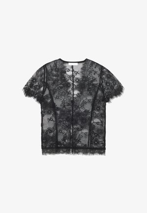 Black sheer lace short-sleeve blouse with floral patterns, round neckline, and scalloped edges, displayed flat on a white background.