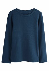 T-shirt à manches longues en rib de couleur navy avec un col rond et un ourlet droit. Le tissu semble doux avec une surface texturée. Pas d'accents visibles.