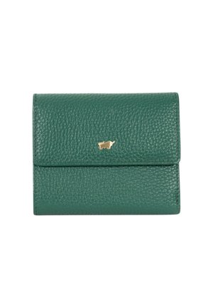 Portafoglio in pelle verde testurizzata con una piccola emblemática dorata a forma di animale sulla patta frontale, chiuso e centrato su sfondo bianco.