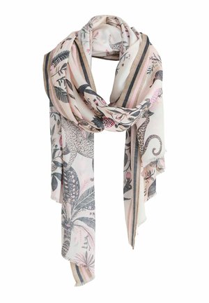 Leichter Schal in Pastellfarben mit tropischem Laub und Leopardenmuster, veredelt mit gestreiften Rändern und Fransen an den Enden.