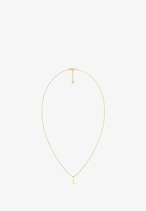 Kultaketju, jossa on herkät ketjut ja pieni isolla L-kirjaimella varustettu riipus. Säädettävä pituus, jossa on lukkoketju ja pidennysketju.