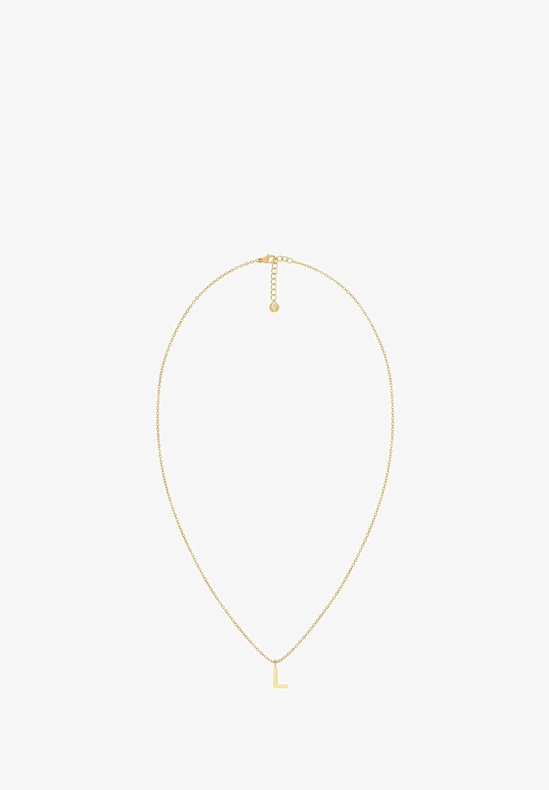 Kuldne kaelakee delikaatse ahelaga, millel on väike kapitaalne "L" ripats. Reguleeritav pikkus karabiiniga kinnituse ja pikendusahelaga.