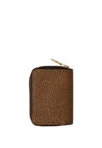 Brown textured zip wallet made from leather, featuring a subtle pattern and a gold zipper pull. Compact rectangular shape for easy storage.