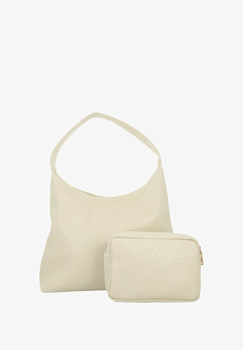 Borsa a tracolla bianca con texture intrecciata e manico curvo. Include una pochette coordinata più piccola. Entrambi presentano una finitura liscia.
