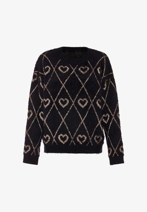 Czarny sweter z długimi rękawami, okrągłym dekoltem, o puszystej fakturze i złotymi wzorami serc w układzie diamentowym na całej powierzchni.