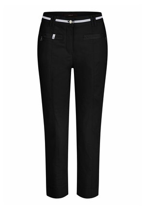 Zwarte broek met een slim fit, voorzien van een witte gestreepte tailleband, twee voorzakken met rits en nette stiksels.