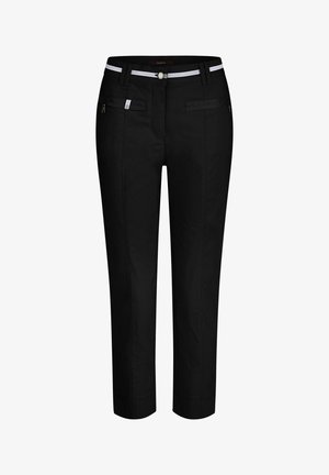 Zwarte broek met een slim fit, voorzien van een witte gestreepte tailleband, twee voorzakken met rits en nette stiksels.
