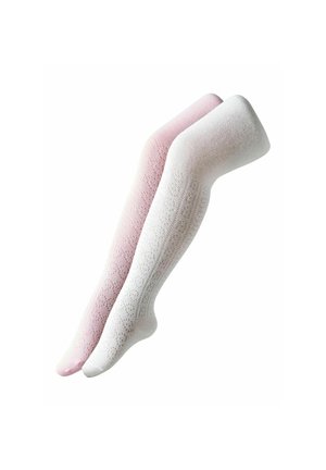 Kaks paari põlveni ulatuvaid mustrilisi kootud sokke pastelse heleroosa ja valge toonides, paigutatud kõrvuti valgel taustal.