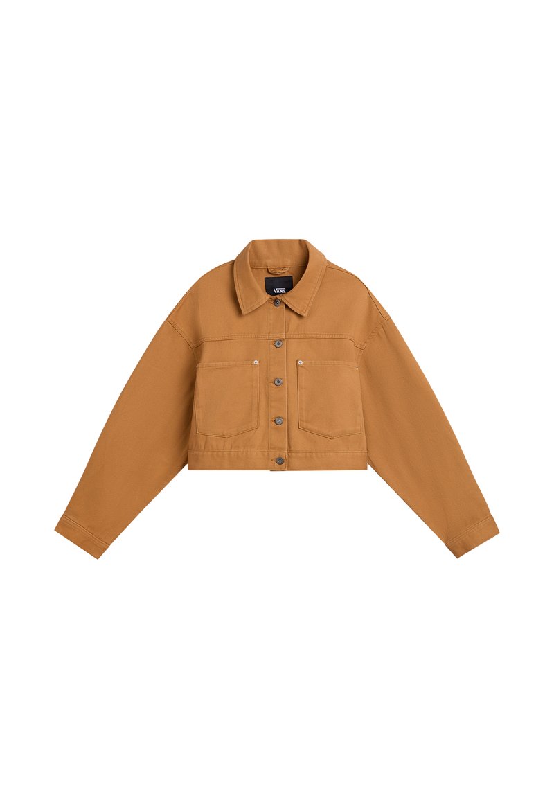 Chaqueta de mezclilla marrón cortada con un cuello puntiagudo, cierre frontal de botones y dos bolsillos en el pecho. Textura suave y mangas largas.