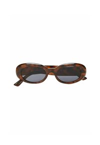 Lunettes de soleil écaille de tortue avec une forme ovale, des verres foncés et une monture en plastique lisse. Accentuées par des branches fines pour un port léger.