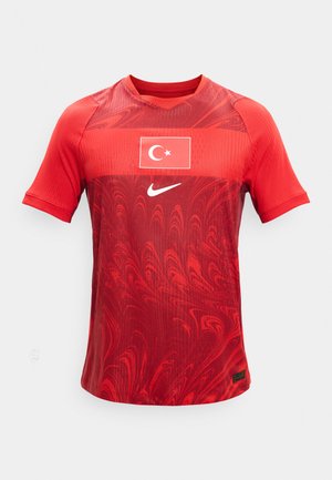 Rotes Nike-Sporttrikot mit marmoriertem Muster, türkischer Flagge auf der Brust und kurzen Ärmeln.